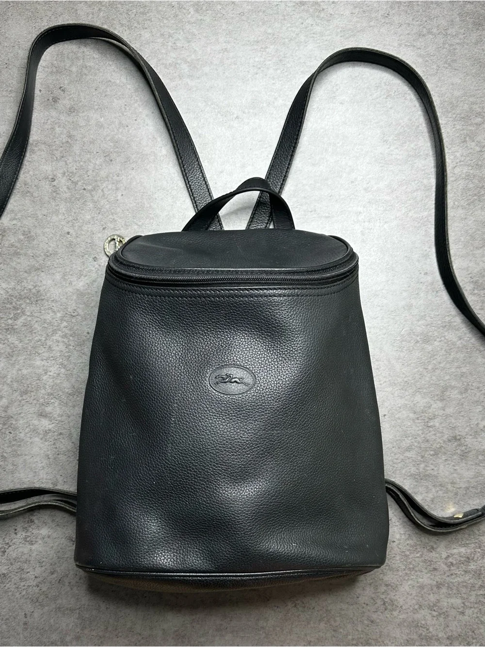 Vintage Longchamp Black Pebbled Leather Backpack France Minimalist